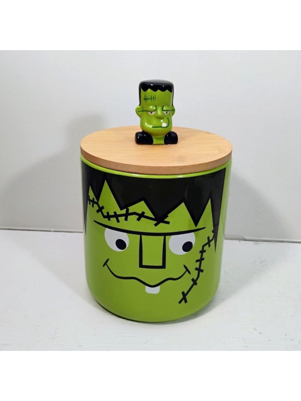 Frankenstein Canister Cookie Jar w/Wooden Lid & Figural Frankenstein Handle